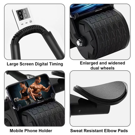 2025 New with Timer Ab Abdominal Exercise Roller Elbow Support, Abs Roller Wheel Core Exercise Equipment, Automatic Rebound Abdominal Wheel(Black)