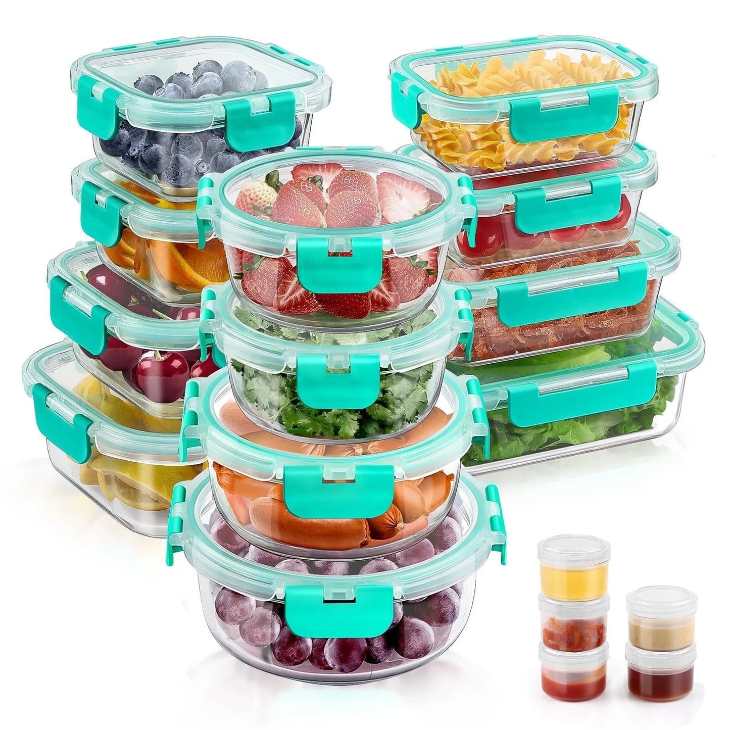 34Pcs Glass Food Storage Containers with Lids Set, Airtight Meal Prep Containers (17 Containers & 17 Lids), Pink