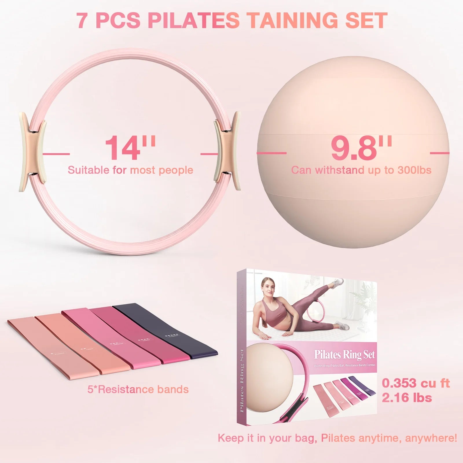 Pilates Ring Set – 14" Anti-Deformation Circle with Padded Handles, Mini Ball, Resistance Bands, Focusing on Toning Inner Thighs, Arms, and Core