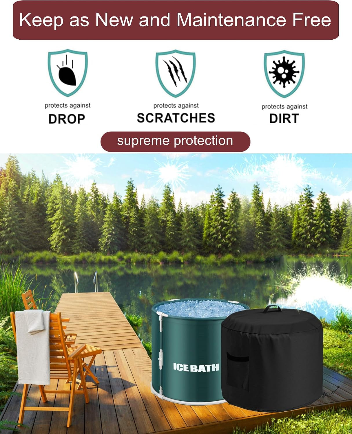 Portable Ice Bath Tub Cover - Dustproof, Waterproof with Windproof Hem - Outdoor Ice Bath Barrel Cover for Cold Plunge Tub