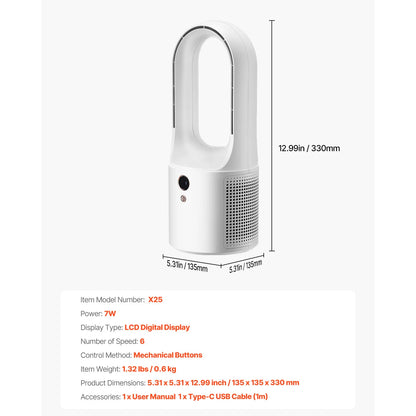 Desk Fan Bladeless 12.99 in Kids-Friendly Personal Portable Desk Fan 6-Speed USB Quiet Cooling Small Tower Fan for Home