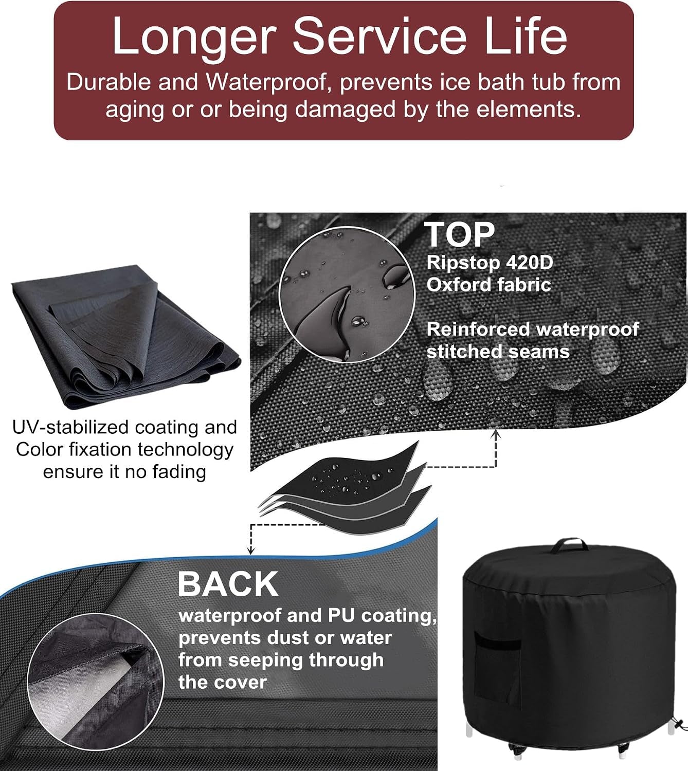 Portable Ice Bath Tub Cover - Dustproof, Waterproof with Windproof Hem - Outdoor Ice Bath Barrel Cover for Cold Plunge Tub