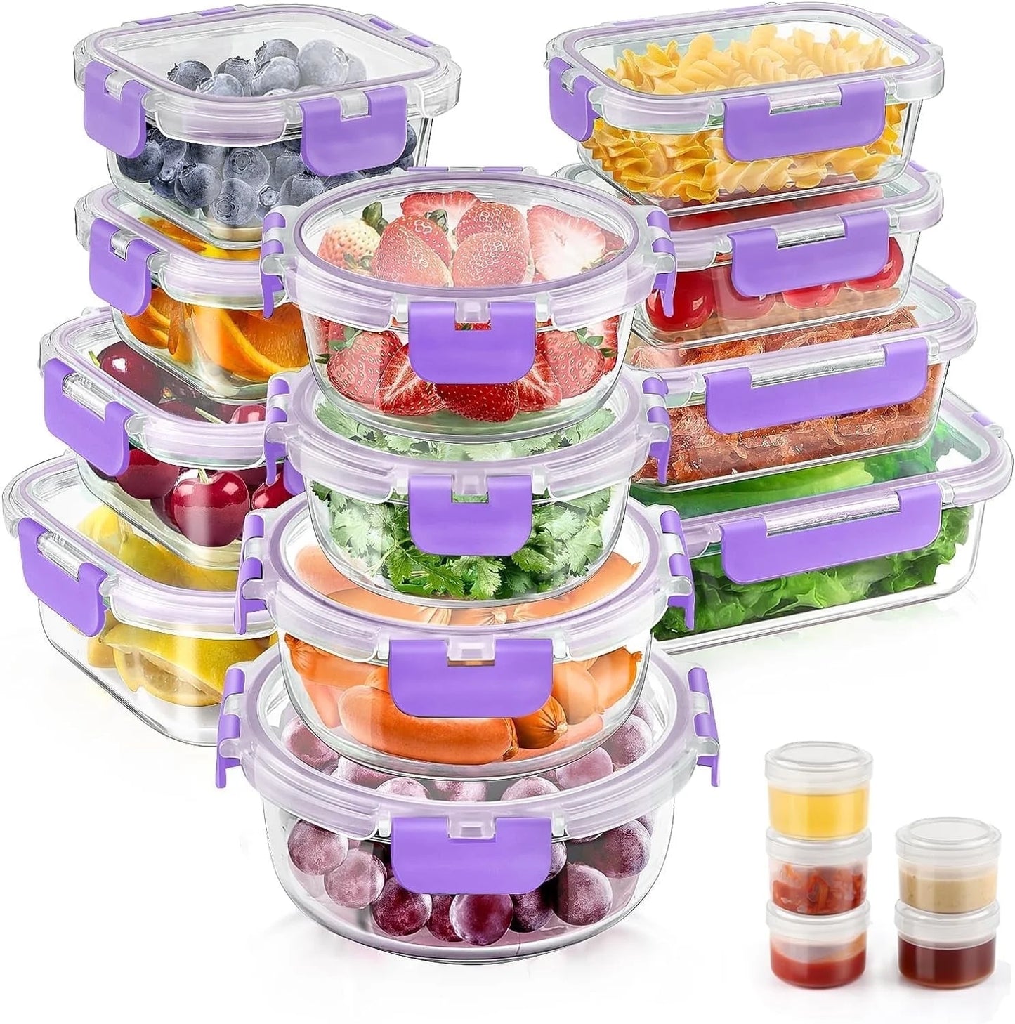 34Pcs Glass Food Storage Containers with Lids Set, Airtight Meal Prep Containers (17 Containers & 17 Lids), Pink