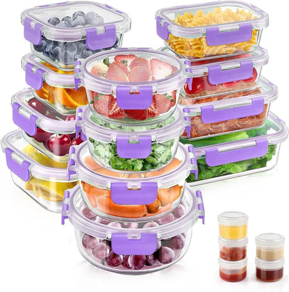 34Pcs Glass Food Storage Containers with Lids Set, Airtight Meal Prep Containers (17 Containers & 17 Lids), Pink