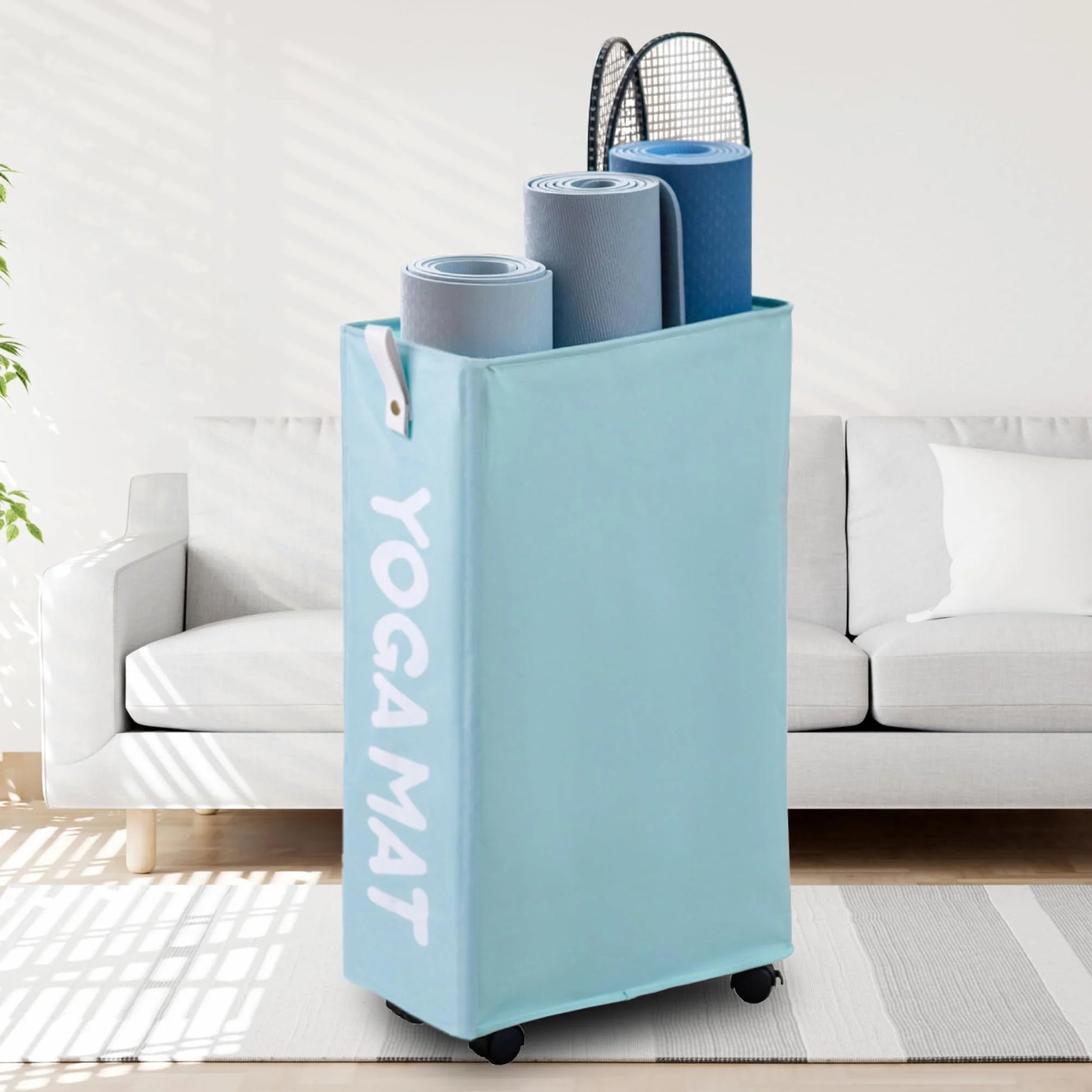 Yoga Mat Storage Rack, 22’’ Large Yoga Mat Holder Accessories, Home Gym Equipment Storage Yoga Mats, Workout Equipment Organization with Wheels, White