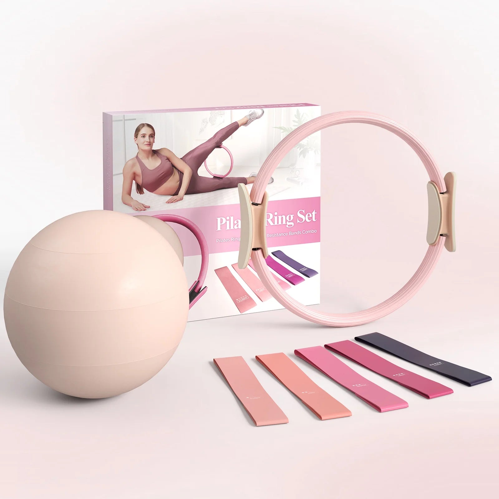 Pilates Ring Set – 14" Anti-Deformation Circle with Padded Handles, Mini Ball, Resistance Bands, Focusing on Toning Inner Thighs, Arms, and Core