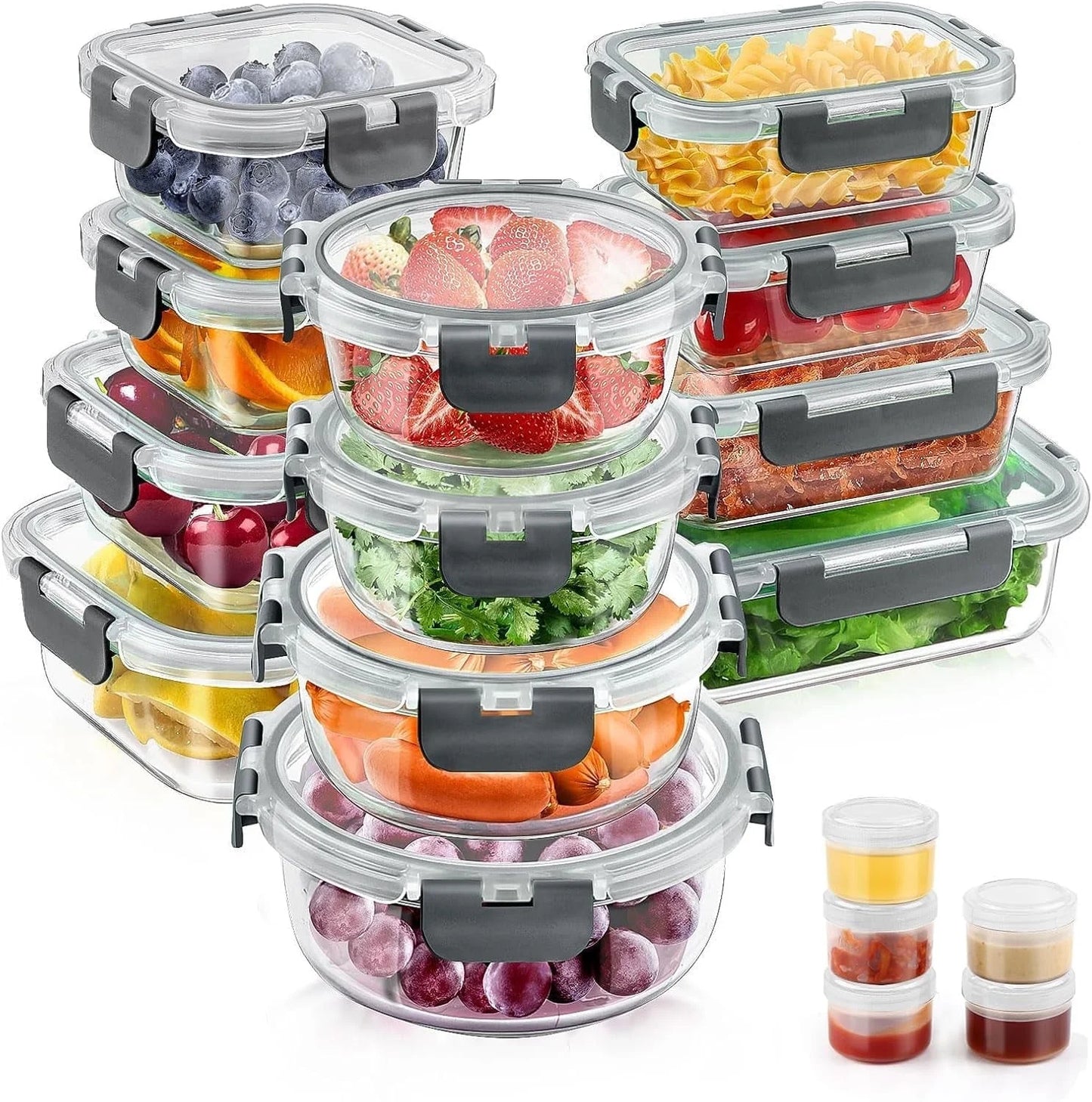 34Pcs Glass Food Storage Containers with Lids Set, Airtight Meal Prep Containers (17 Containers & 17 Lids), Pink