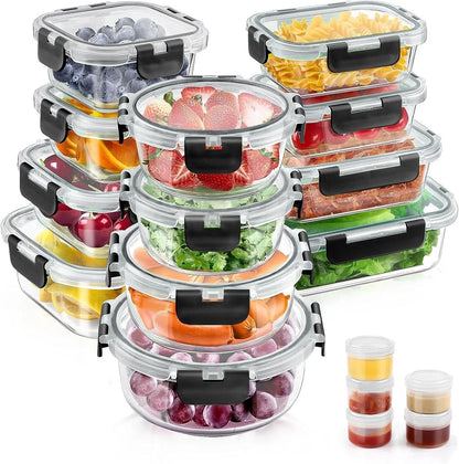 34Pcs Glass Food Storage Containers with Lids Set, Airtight Meal Prep Containers (17 Containers & 17 Lids), Pink