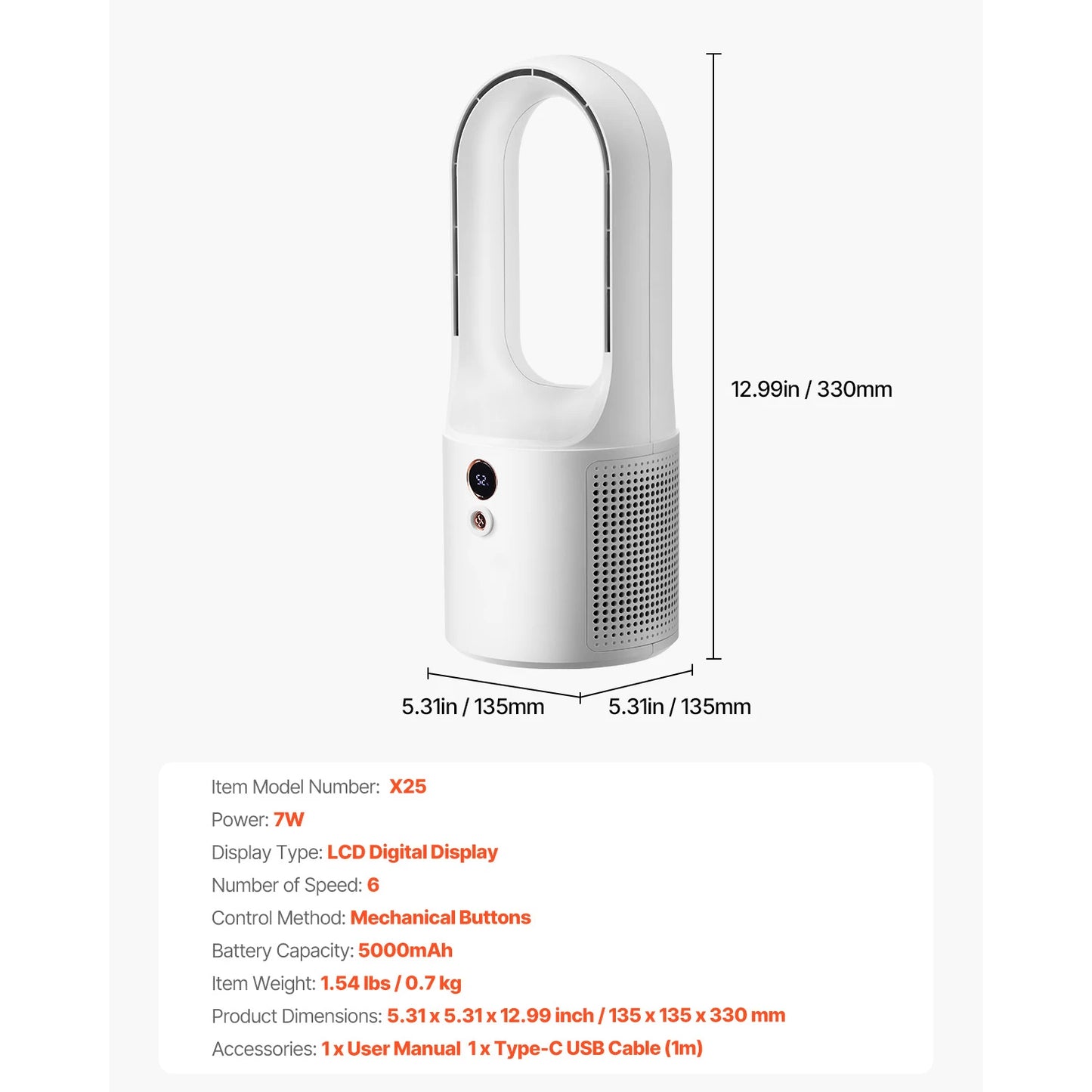 Desk Fan Bladeless 12.99 in Kids-Friendly Personal Portable Desk Fan 6-Speed USB Quiet Cooling Small Tower Fan for Home