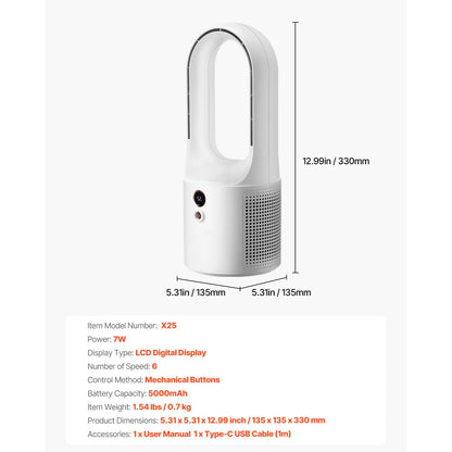 Desk Fan Bladeless 12.99 in Kids-Friendly Personal Portable Desk Fan 6-Speed USB Quiet Cooling Small Tower Fan for Home