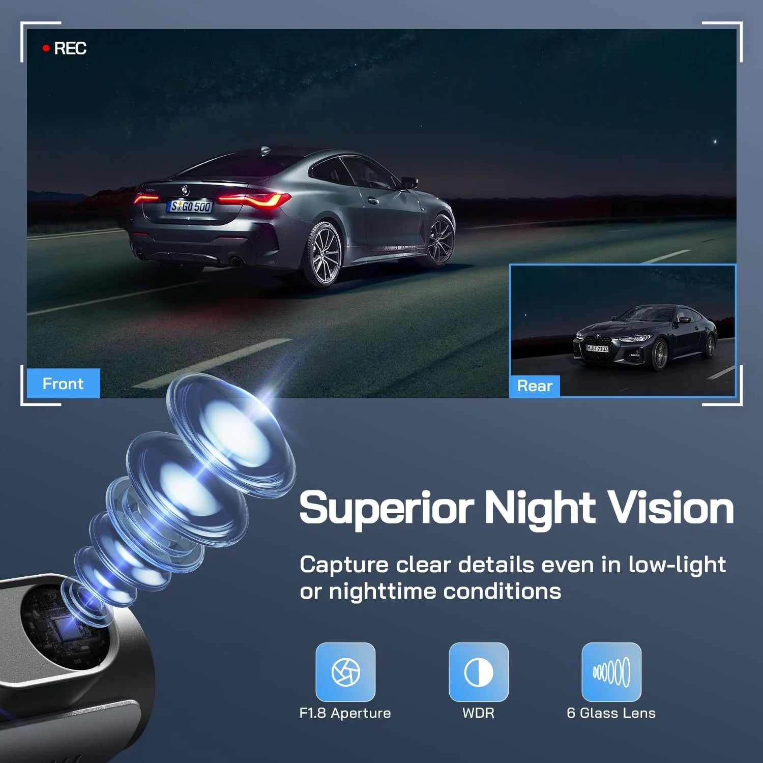 Dash Cam Front and Rear, 4K Front 1080P Rear Dual Dash Camera, 3” IPS Screen, 170° Wide Angle, Night Vision, G-Sensor, Loop Recording, Parking Monitor, Supports 128GB